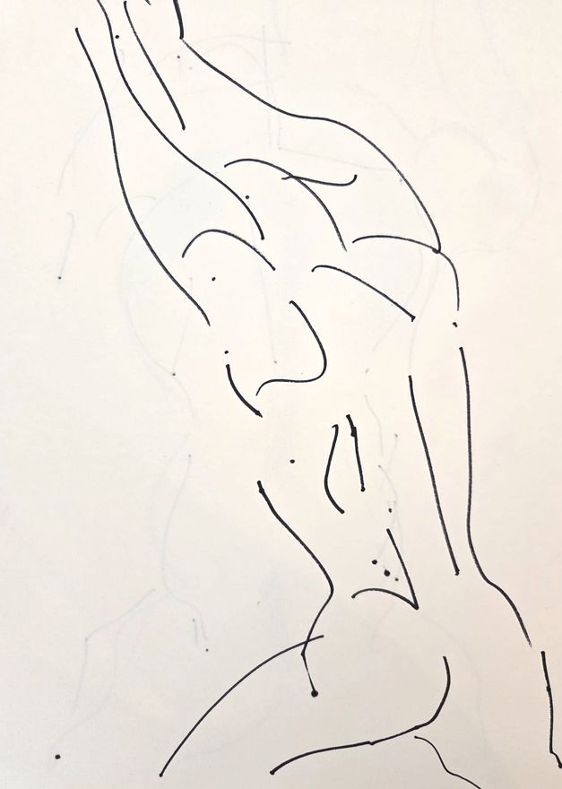 Life drawing of a standing or seated nude male figure, made from life in a sparse ink contour.