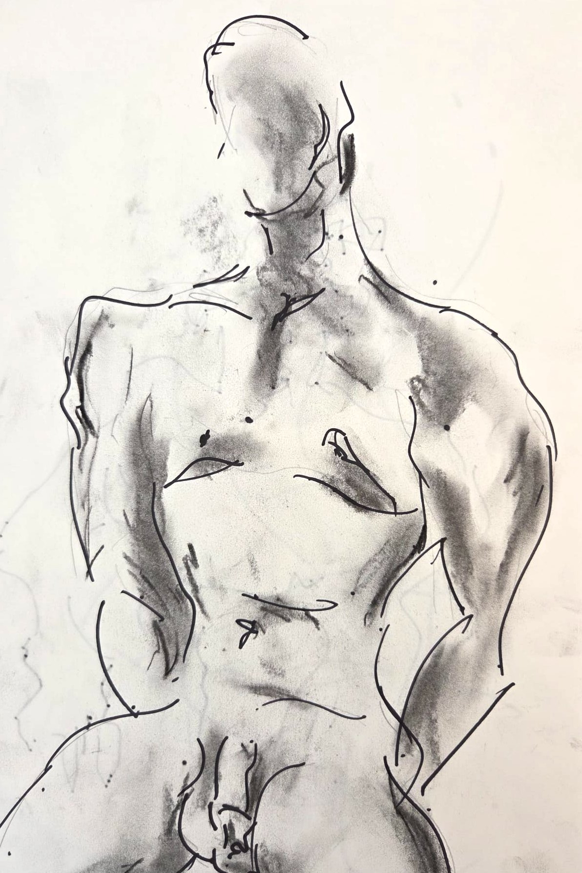 Charcoal and ink life drawing of a standing male nude, torso turned towards the viewer.