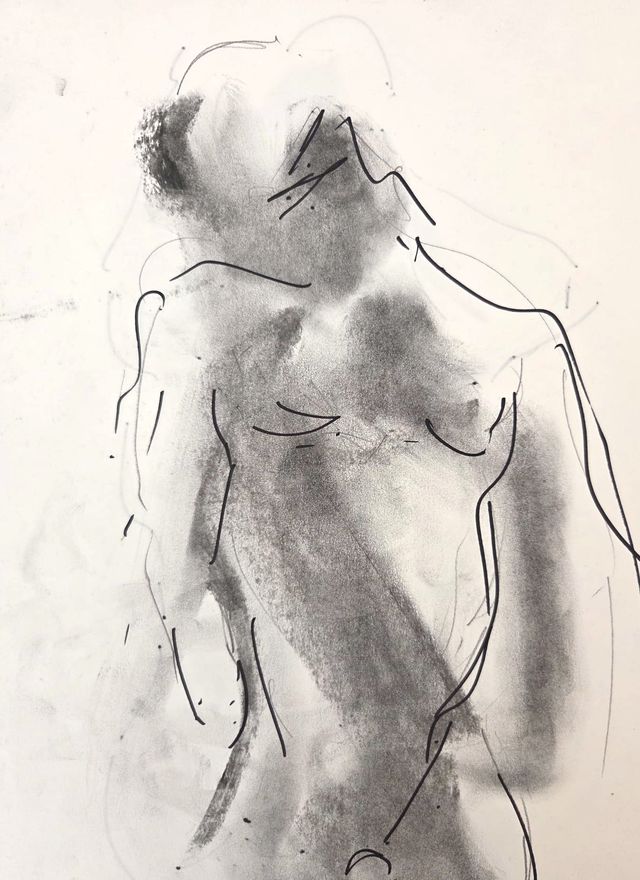 Life drawing of a standing or seated nude male figure, made from life in charcoal and ink.