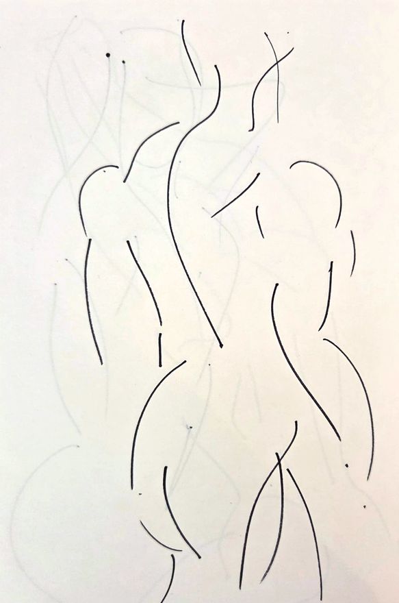 Life drawing of a standing or seated nude male figure, made from life in a sparse ink contour.