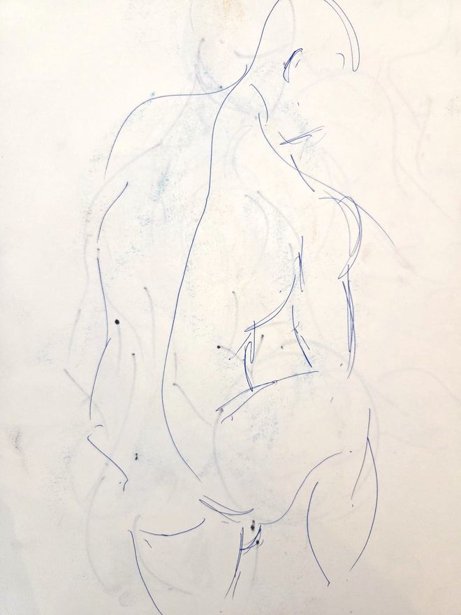Life drawing of a standing or seated nude male figure, made from life in a sparse ink contour.