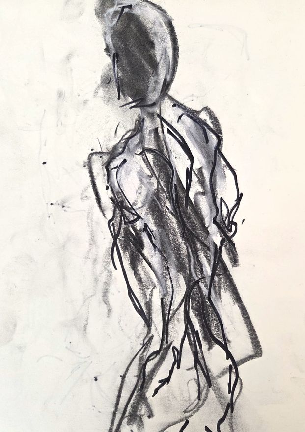 Life drawing of a standing or seated nude male figure, made from life in charcoal and ink.
