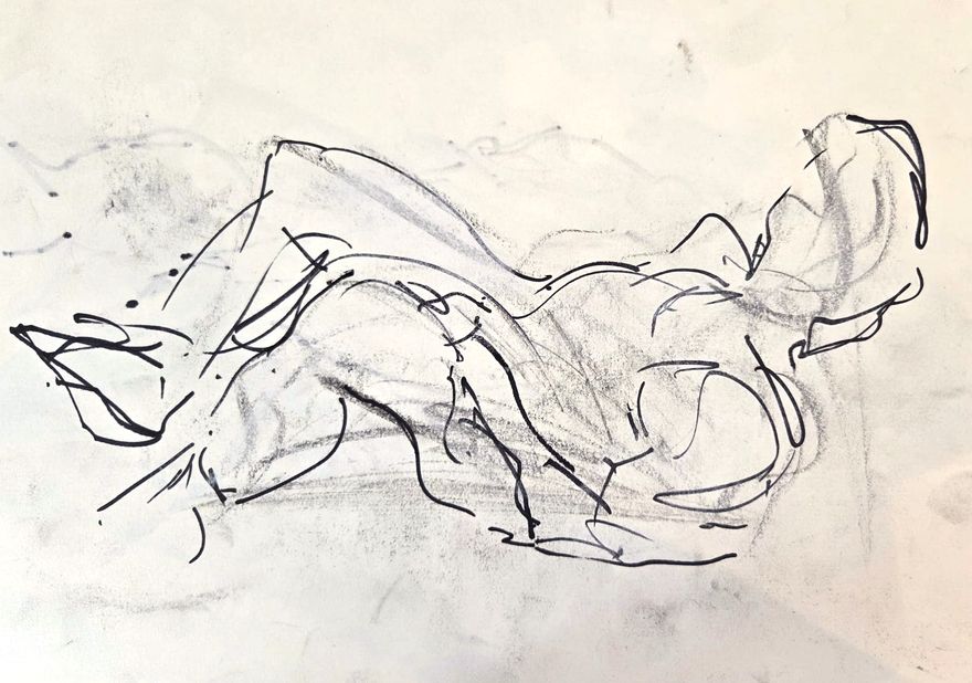 Life drawing of a reclining nude male figure, made from life in a sparse ink contour.