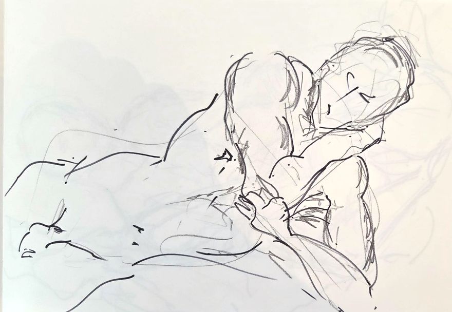 Life drawing of a reclining nude male figure, made from life in a sparse ink contour.