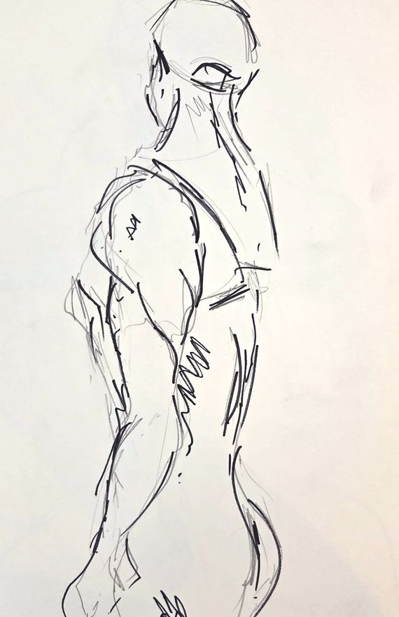 Life drawing of a standing or seated nude male figure, made from life in a sparse ink contour.