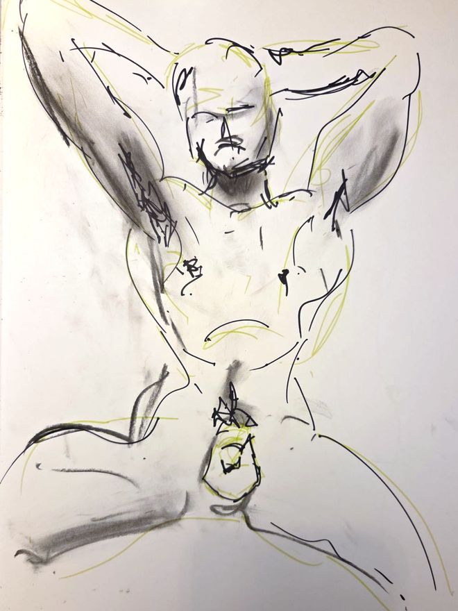 Life drawing of a standing or seated nude male figure, made from life in ink with pastel and gouache.