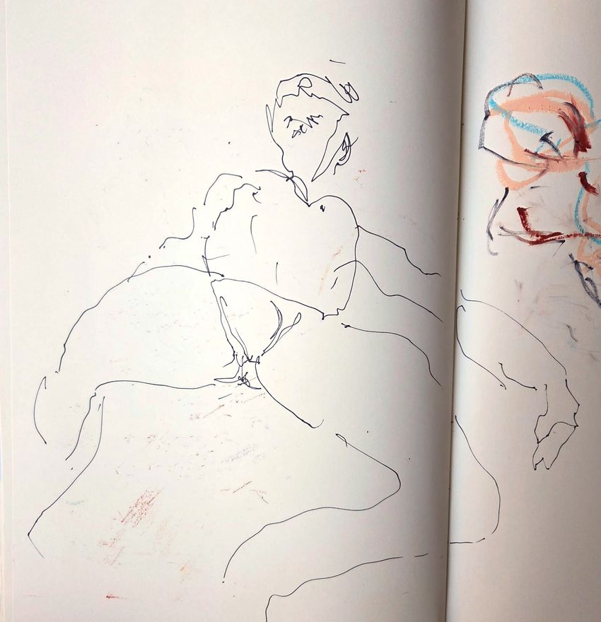 Life drawing of a standing or seated nude male figure, made from life in ink with pastel and gouache.