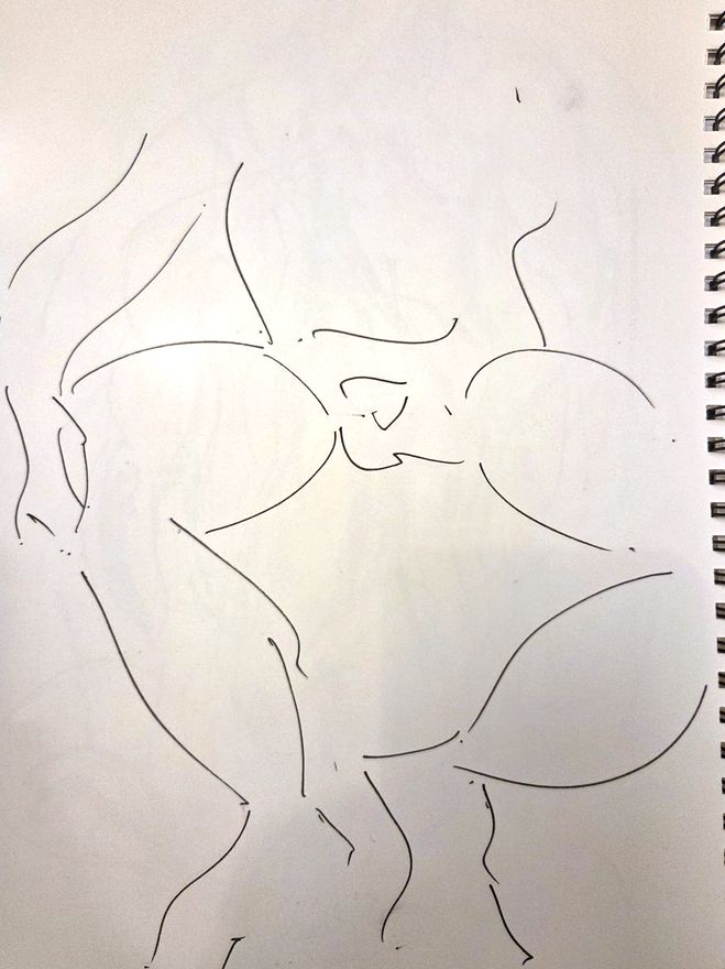 Life drawing of a standing or seated nude male figure, made from life in charcoal and ink.