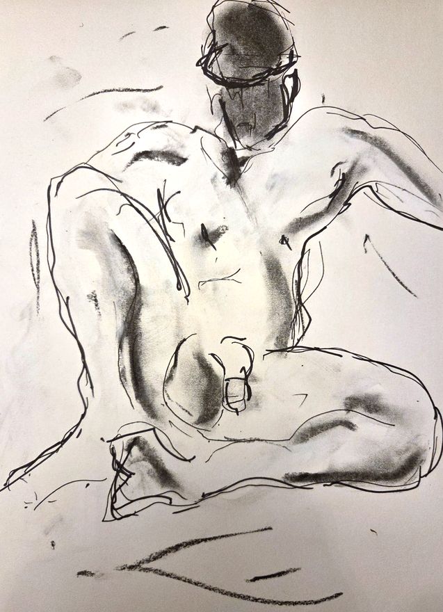 Life drawing of a standing or seated nude male figure, made from life in charcoal and ink.