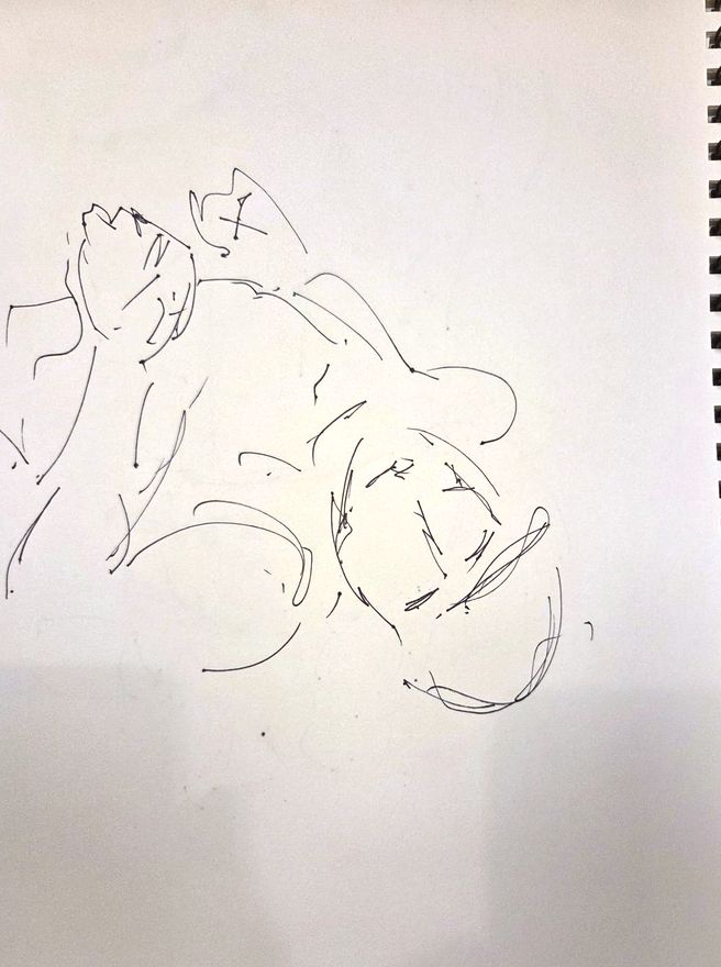 Life drawing of a standing or seated nude male figure, made from life in charcoal and ink.